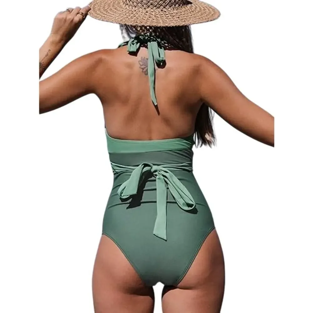 Cupshe Ruched Twist-Front Halter One Piece Swimsuit in Green - Picture 3 of 10